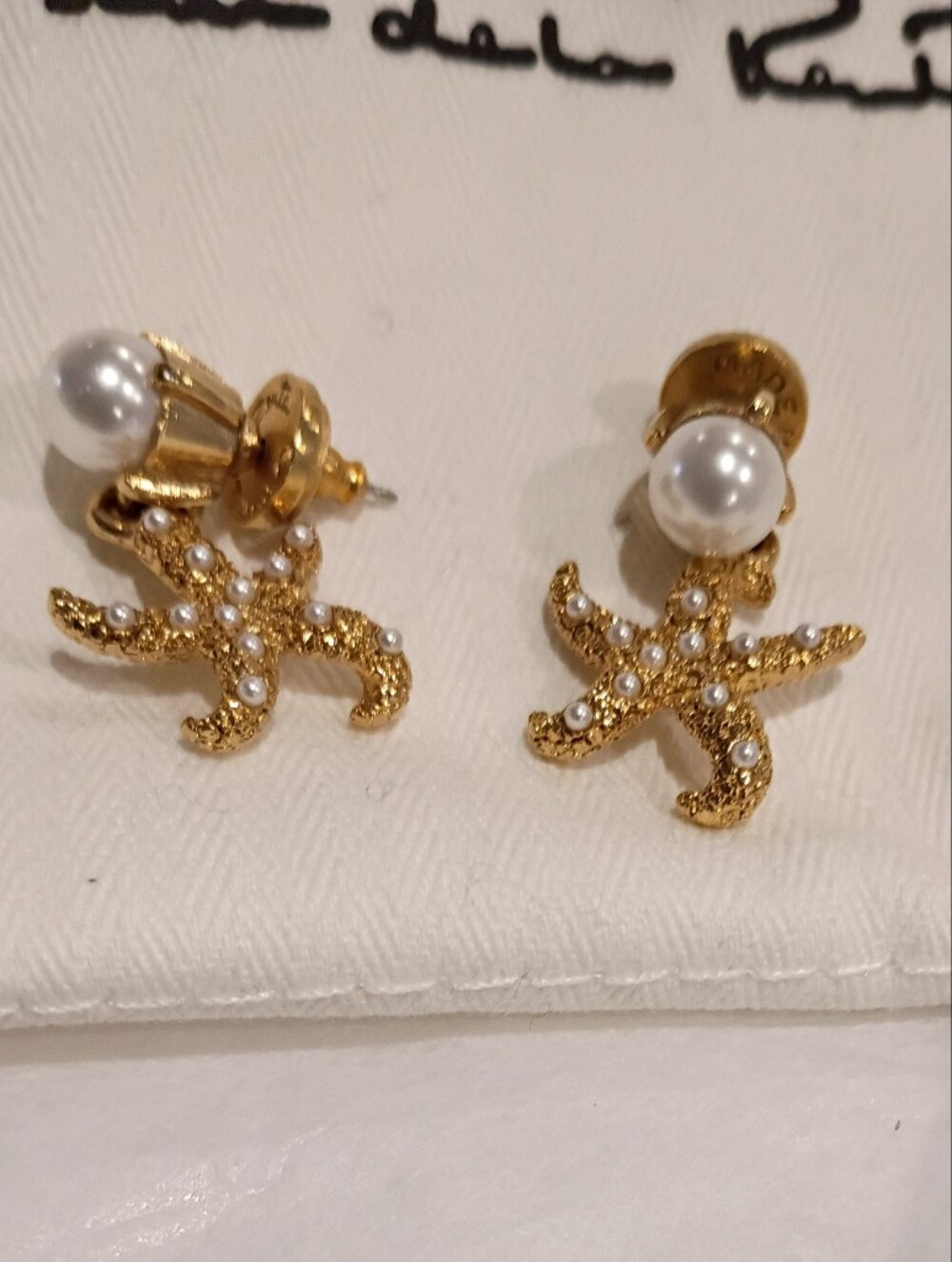 Oscar de la Renta Gold Starfish Pearl Drop Earrings New